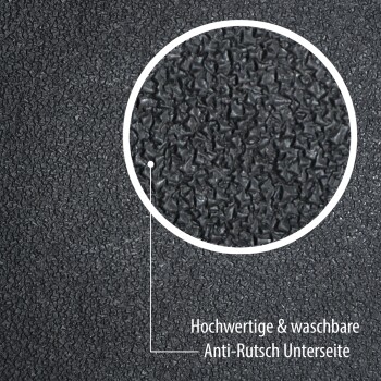 Nahaufnahme einer strukturierten schwarzen Anti-Rutsch-Oberfläche mit deutschem Text „Hochwertige & waschbare Anti-Rutsch Unterseite“, der die Waschbarkeit anzeigt.