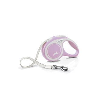 A pink retractable dog leash with a white handle and a silver clip, displayed on a white background.