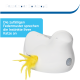 Interaktives Katzenspielzeug in Form einer weißen Ente mit gelben Federn, mit Text über die Ansprache der Katzeninstinkte.