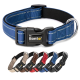 Blaues Haustierhalsband mit einer schwarzen Schnalle und einem silbernen D-Ring, mit dem Markennamen "lionto" auf der Schnalle.