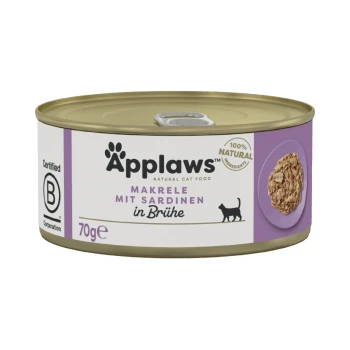 Applaws natürliche Katzenfutterdose, mit Makrele und Sardinen in Brühe, 70g, gekennzeichnet als 100% natürliche Zutaten.