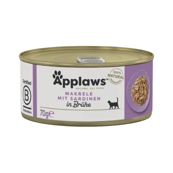 Applaws natürliche Katzenfutterdose, mit Makrele und Sardinen in Brühe, 70g, gekennzeichnet als 100% natürliche Zutaten.