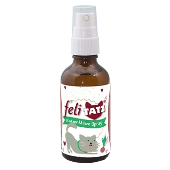 Braune Glas-Sprühflasche mit der Aufschrift 'feliTATZ KatzenMinze Spray', die eine verspielte graue Katzen-Grafik und Herzen zeigt.