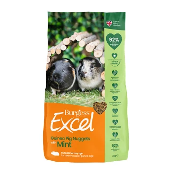 Burgess Excel Guinea Pig Nuggets with Mint, featuring two guinea pigs in a grassy setting, highlighting 92% of ingredients from natural sources.