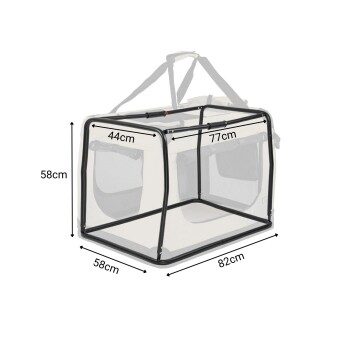 Portabler Tier-Spielbereich mit Netzseiten, Abmessungen 77cm x 82cm x 58cm, mit einem schwarzen Rahmen und Tragegurten.