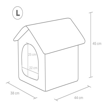 Illustration eines großen Haustierhauses mit den Abmessungen: 45 cm Höhe, 38 cm Breite und 44 cm Tiefe, mit einem Eingang von 22 cm mal 25 cm.