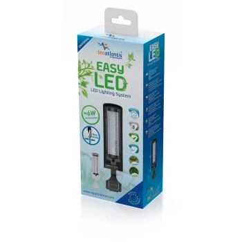 EasyLed Nanocubic 6W schwarz Verpackung für Tecatlantis' 'Easy LED'-System, das ein schwarzes 6mm dickes LED-Licht mit einem Verbrauch von etwa 6W zeigt.