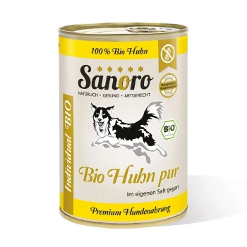 Dose Sanoro Hundefutter mit "100% Bio Huhn" und einer Grafik eines laufenden Hundes, gekennzeichnet als "Premium Hundenahrung."