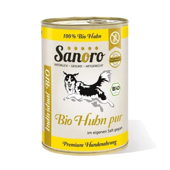 Dose Sanoro Hundefutter mit "100% Bio Huhn" und einer Grafik eines laufenden Hundes, gekennzeichnet als "Premium Hundenahrung."