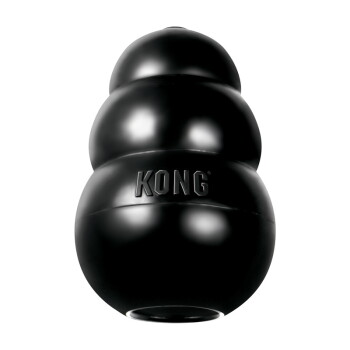 Zwart KONG Classic rubber hondenspeeltje, drie-delige sneeuwpopvorm met in reliëf aangebracht KONG-logo en holle opening aan de onderkant