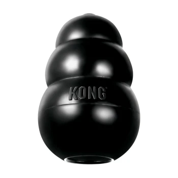 Jouet KONG Classic en caoutchouc noir pour chien, forme de bonhomme à trois étages avec logo KONG en relief et ouverture creuse à la base