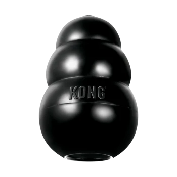 Schwarzes KONG Classic Gummihundespielzeug, dreistufige Schneemannform mit eingeprägtem KONG-Logo und offenem, hohlem Boden