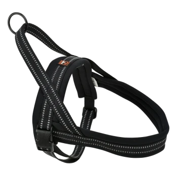Harnais pour chien noir avec des coutures réfléchissantes et un anneau en D en métal pour attacher la laisse, conçu pour le confort et la sécurité.