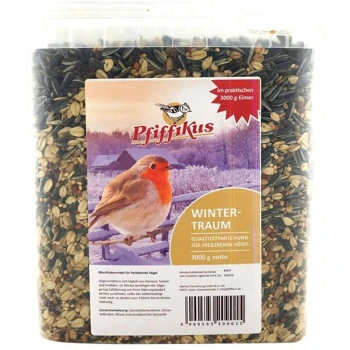 Transparenter Kunststoffbehälter mit Pfiffikus-Vogelfutter, mit Rotkehlchenbild und der Aufschrift 'WINTER-TRAUM' und '3000 g netto'.