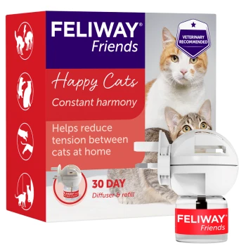 FELIWAY Friends box with diffuser and refill to reduce cat tension. Highlights: "Happy Cats," "Constant Harmony," and "30-Day."
