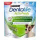 Emballage de bâtonnets dentaires Purina Dentalife ActivFresh — sachet vert, x7 bâtonnets, mini/petit 7–12 kg, photo d'un petit chien heureux.
