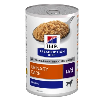 Hill's Prescription Diet Dosenfutter für Hunde zur Harnwegspflege, beschriftet mit "u/d", mit einer Empfehlung des Tierarztes.
