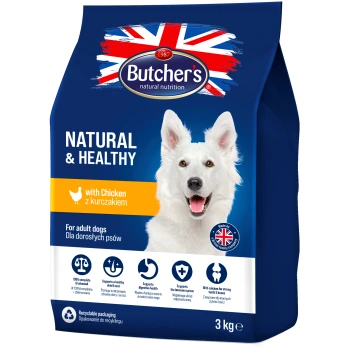 Natural&Healthy Dog z kurczakiem 3 kg Torba na jedzenie dla psów z napisem "Butcher's Natural & Healthy" z kurczakiem, zaprojektowana dla dorosłych psów, 3 kg, opakowanie nadające się do recyklingu.