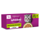 Whiskas paarse multipackdoos met kattenfoto, kom natvoer en tekst 'Gemischte Auswahl in Gelee', '40x 85 g', '1+'.