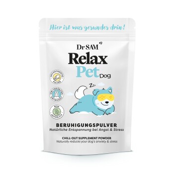 Verpackung für Dr SAM Relax Pet Dog Beruhigungspulver, mit einem Cartoon-Hund in einer Schlafmaske und dem Text "Chill-out Ergänzungspulver."