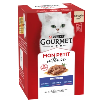 Red packaging of Purina Gourmet Mon Petit Intense cat food featuring fine cuts with tuna, salmon, and trout, with a white cat image.