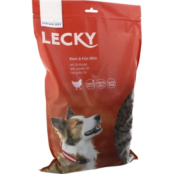 Hundetrockenfutterbeutel mit der Aufschrift "LECKY Klein & Fein Mini", auf dem ein Hund abgebildet ist, mit dem Hinweis auf 65 % Fleisch, glutenfrei und Schweizer Qualität.
