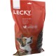 Sac de nourriture pour chiens étiqueté "LECKY Klein & Fein Mini" présentant un chien sur le devant, avec un texte indiquant 65% de viande, sans gluten, et qualité suisse.