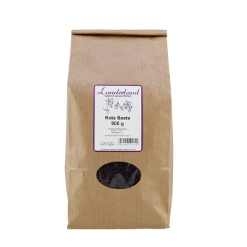 Braune Papiertüte mit der Aufschrift "Lunderland Rote Beete 800 g" und einem transparenten Fenster, das getrocknete Rote Beete zeigt.