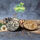 Lyra Nature Power Haustierfutter-Leckerlis auf einer strukturierten Oberfläche, mit vier runden Leckerlis mit verschiedenen Zutaten wie Samen, Nüssen und Insekten.