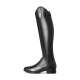 Schwarze Reitstiefel mit schlankem Design, mit einem seitlichen Reißverschluss und dekorativer Schnürung auf der Vorderseite.