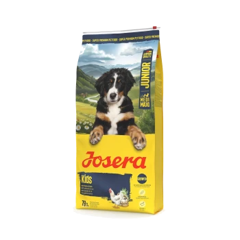Gelbe Josera Kids Hundefuttertüte mit Welpenbild, großem Josera-Logo, den Aufschriften 'Junior' und 'German Quality' sowie einem Hühnchenmotiv.