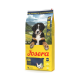 Gelbe Josera Kids Hundefuttertüte mit Welpenbild, großem Josera-Logo, den Aufschriften 'Junior' und 'German Quality' sowie einem Hühnchenmotiv.