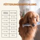 Fütterungsempfehlungen für Hunde, die Gewichtskategorien (kg) und tägliche Futtermengen (g) zeigen, mit einem Golden Retriever, der ein Spielzeug hält.