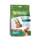 Whimzees Wellness Daily Dental Treats Antler-Tüte zeigt geweihförmige Kauknochen, Foto eines kleinen Hundes und die Angabe '24 treats'.