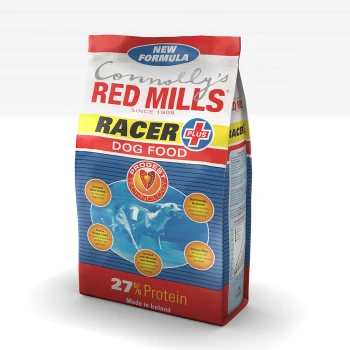 Dog Racer 15 kg Connolly's Red Mills Racer Plus dog food bag, featuring "New Formula" label, 27% protein, and Progest technology highlights.