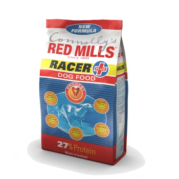 Connolly's Red Mills Racer Plus dog food bag, featuring "New Formula" label, 27% protein, and Progest technology highlights.