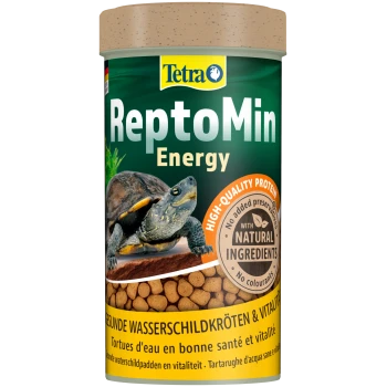 Container van Tetra ReptoMin Energy schildpaddenvoer, met een groene label met een schildpadafbeelding en meertalige tekst over het product.