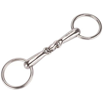 Edelstahl-Pferdegebiss mit zwei Ringen, gekennzeichnet mit "EQUINATE" und den Maßen "10,5 cm" und "14,5 cm."