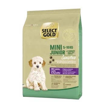 Gold Mini Junior Hundefutterbeutel für Welpen von 5-10 kg, ab 8 Monaten, beschriftet mit "Sensibel" mit Lamm-, Lachs- und Kartoffelzutaten.