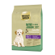 Gold Mini Junior Hundefutterbeutel für Welpen von 5-10 kg, ab 8 Monaten, beschriftet mit "Sensibel" mit Lamm-, Lachs- und Kartoffelzutaten.