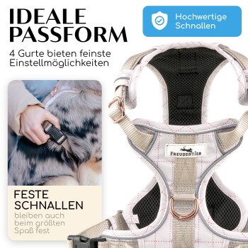 Hundegeschirr mit verstellbaren Riemen, hochwertigen Schnallen und einem atmungsaktiven Design, mit Text, der die ideale Passform und sichere Verschlüsse hervorhebt.