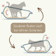 Katzen in zwei geneigten Katzentoiletten-Diagrammen mit verschüttetem Streu, markiert mit X; Text: 'Sauberer Boden auch bei aktiven Scharrern'.