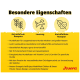 Gelber Aufkleber „Besondere Eigenschaften“ beschreibt Hundefutter: getreidefrei, kartoffelfrei, Leistungssymbole und Josera‑Logo.