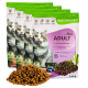Katzenfutterbeutel mit der Aufschrift "Mia's ADULT" und einem Katzenbild, mit glutenfreien, proteinreichen und Vitamin A, E, D Ansprüchen, mit Futter vor sich.