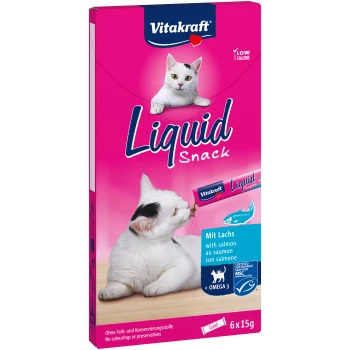 Cat Liquid-Snack mit Lachs 66x15 g Vitakraft Liquid Snack Verpackung mit einer Katze, beschriftet "Mit Lachs" und hebt Omega 3, 6 x 15g hervor.