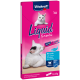 Vitakraft Liquid Snack Verpackung mit einer Katze, beschriftet "Mit Lachs" und hebt Omega 3, 6 x 15g hervor.