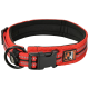 Rote Haustierhalsband mit reflektierenden Streifen, verstellbarem Schnallenverschluss und metallischem D-Ring zur Leinenbefestigung.