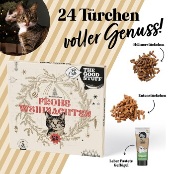 Katzen-Adventskalender-Box mit 'Frohe Weihnachten' und '24 Türchen voller Genuss!', mit Katzenfoto, Geflügel-Leckerlis und 'Leber Pastete'.