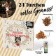 Katzen-Adventskalender-Box mit 'Frohe Weihnachten' und '24 Türchen voller Genuss!', mit Katzenfoto, Geflügel-Leckerlis und 'Leber Pastete'.
