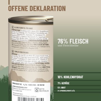 Dose Hundefutter mit einem offenen Deklarationsetikett, das die Zutaten auflistet: 76% Fleisch, 10% Kohlenhydrate, 7% Gemüse, 5% Obst.